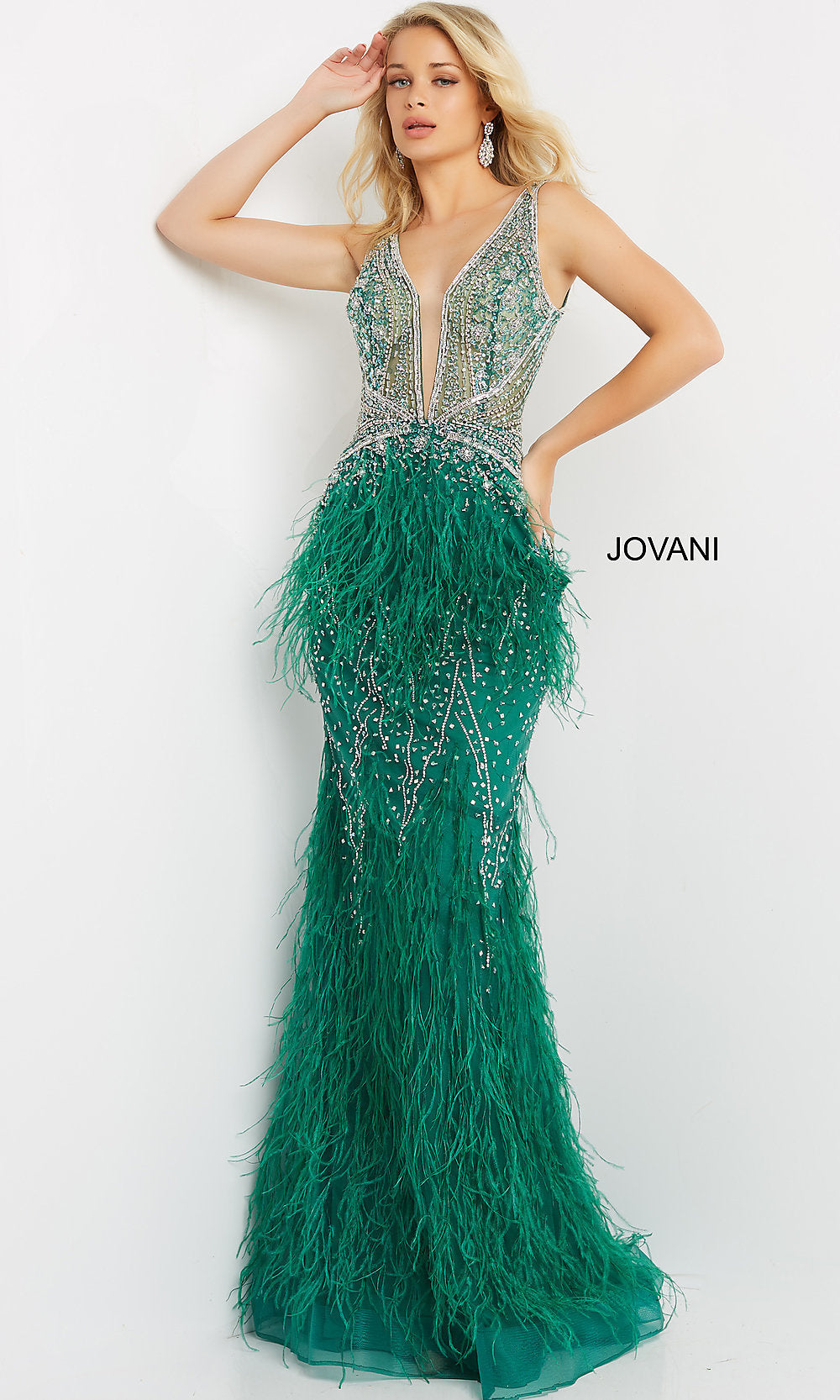 Jovani-Jovani Sheer-Bodice Long Prom Dress with Feathers