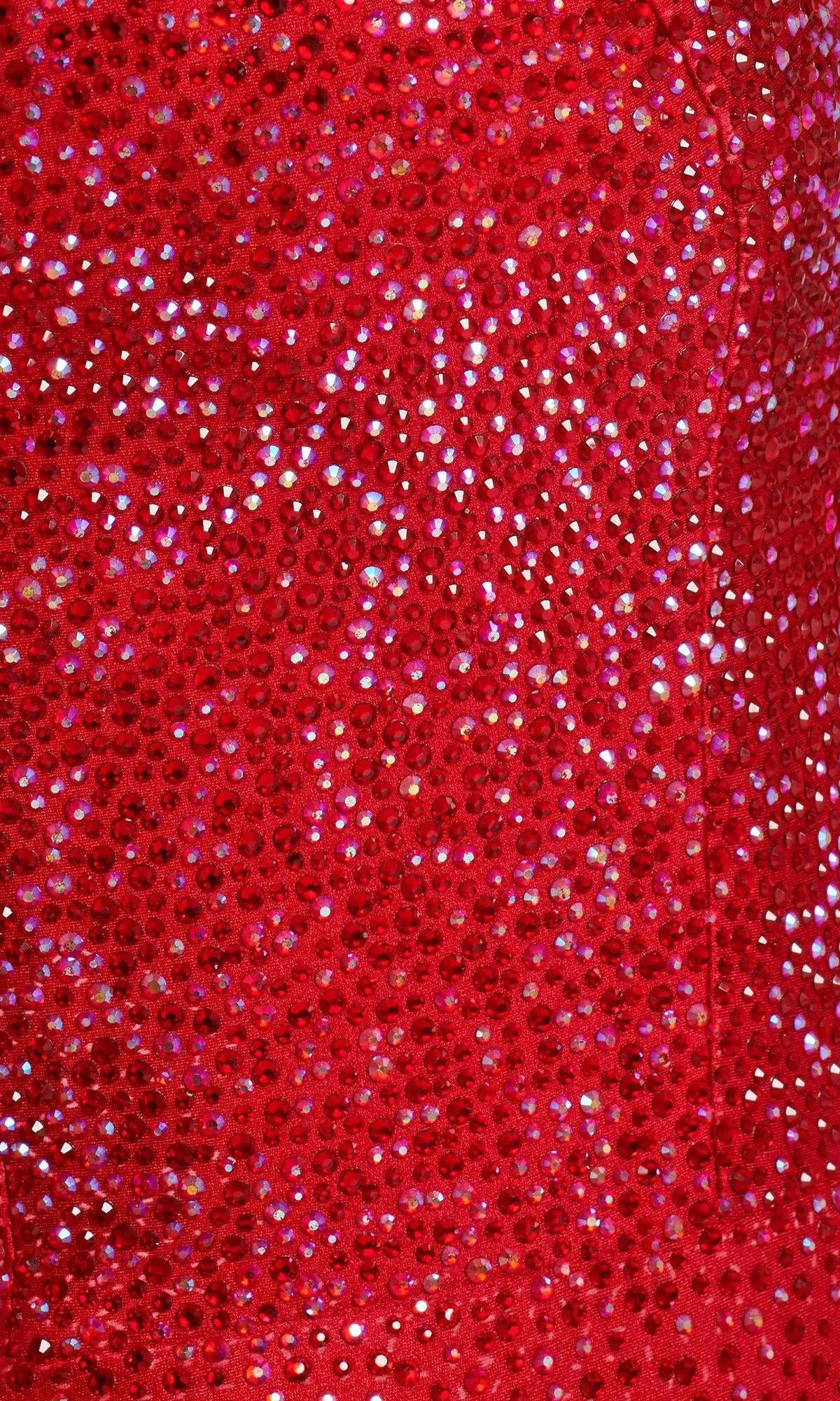Close-up of the Ellie Wilde Beaded Mermaid Prom Dress with Cut Out, showing red fabric adorned with small, shiny sequins that create a sparkling, reflective surface.