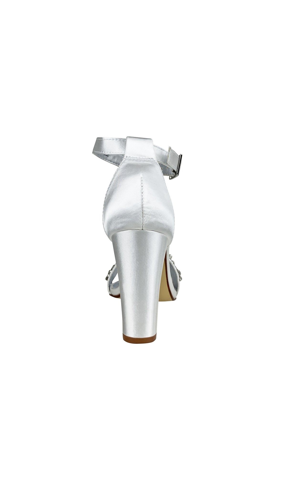 Rear view of Felicity Rhinestone White Prom Shoes 4292, a silver high-heeled sandal with ankle strap and buckle, reminiscent of elegant prom footwear, displayed against a white background.