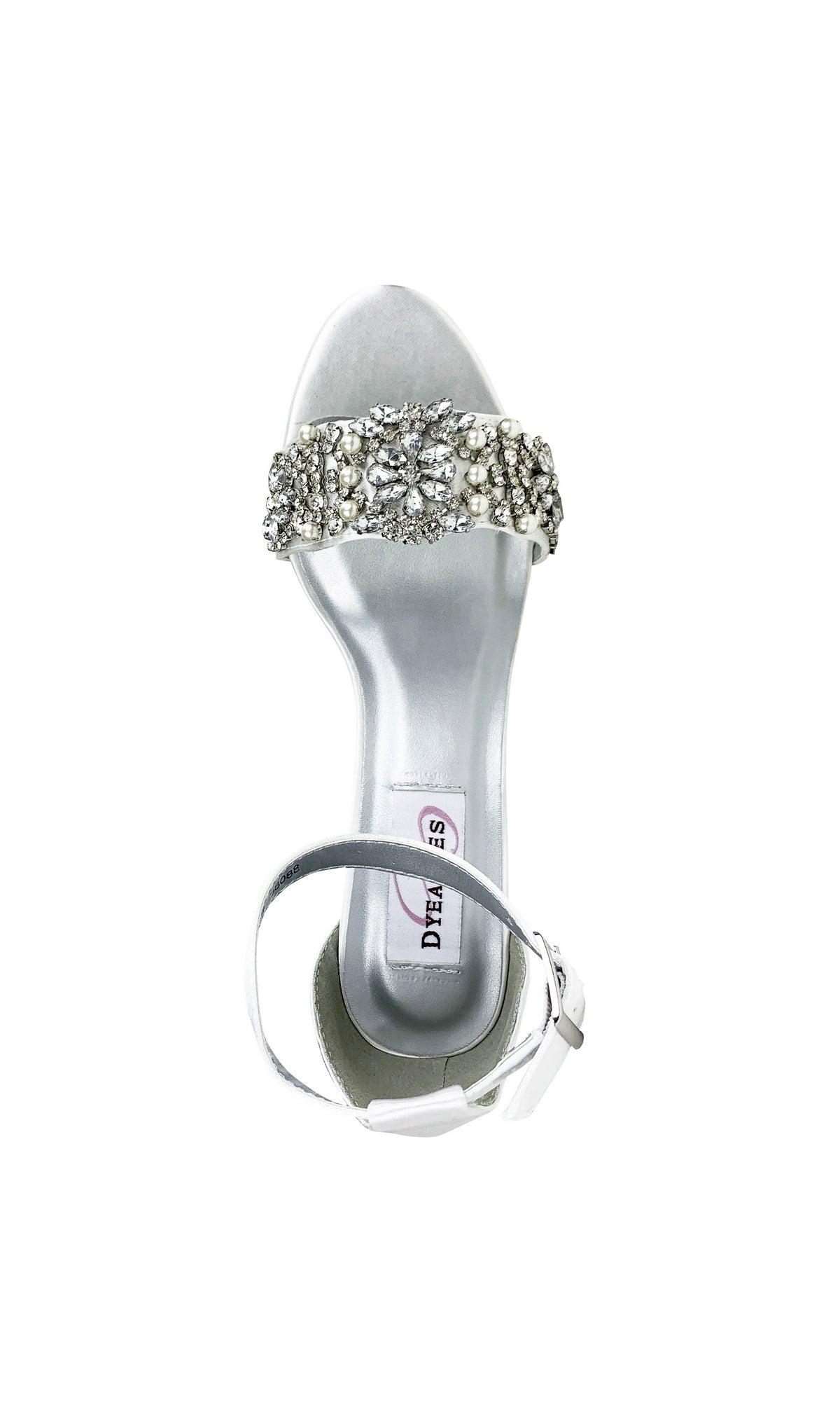 The Felicity Rhinestone White Prom Shoes 4292 feature an open-toe silver design with a jeweled front strap and ankle buckle—ideal for adding sparkle to your prom night.