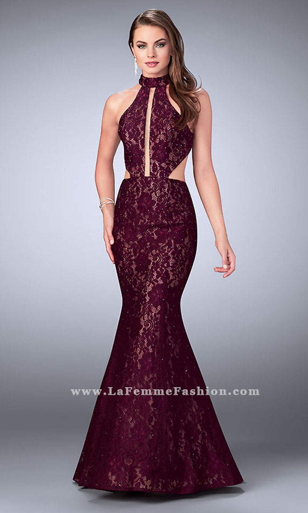 La Femme-La Femme Long Lace Prom Dress