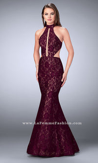 La Femme Long Lace Prom Dress with Cut Outs