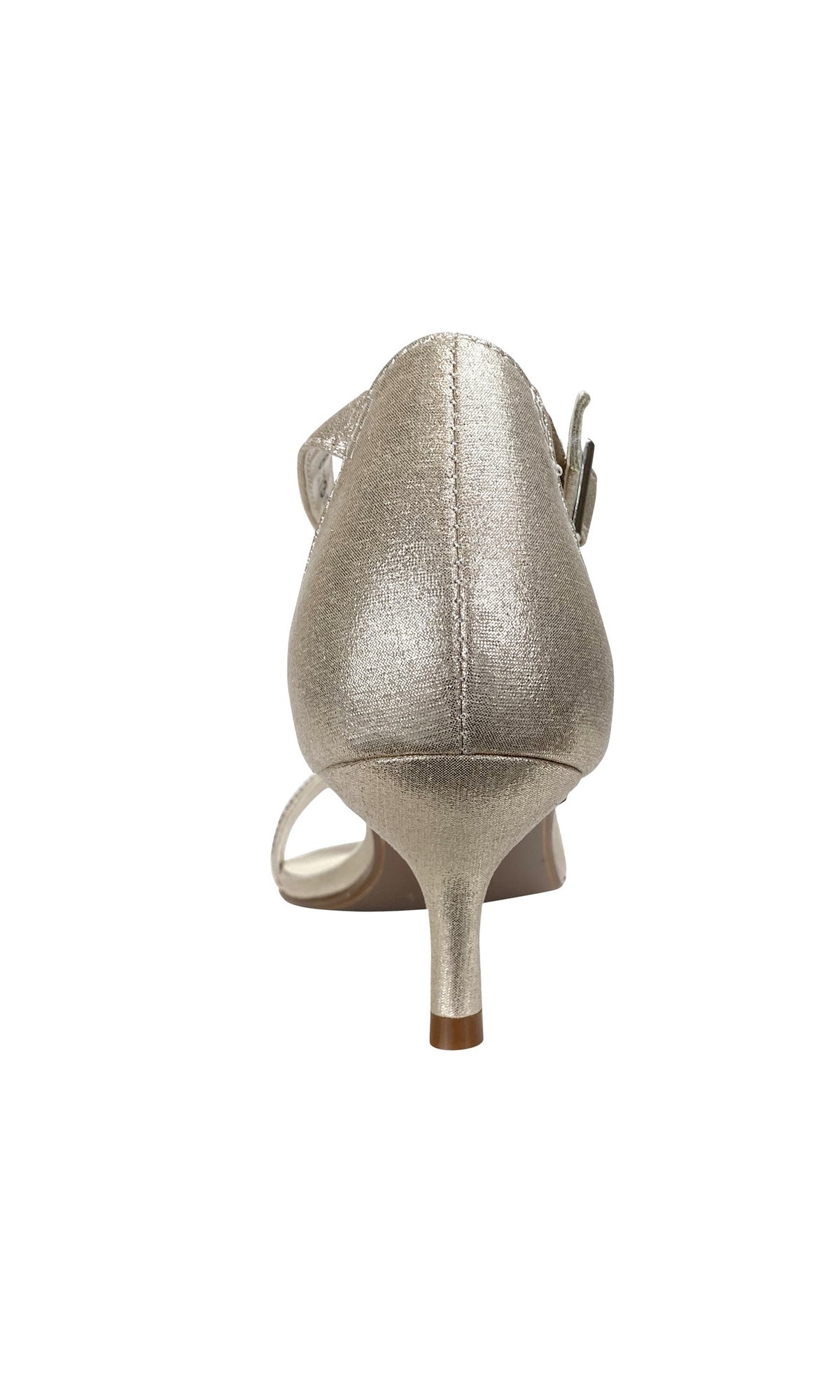 Rear view of Champagne Low Heel Prom Shoes 4333 by Touch Ups—metallic silver heeled sandals with a pointed toe, ankle strap, small buckle, and low champagne heels—ideal for proms or any special occasion.