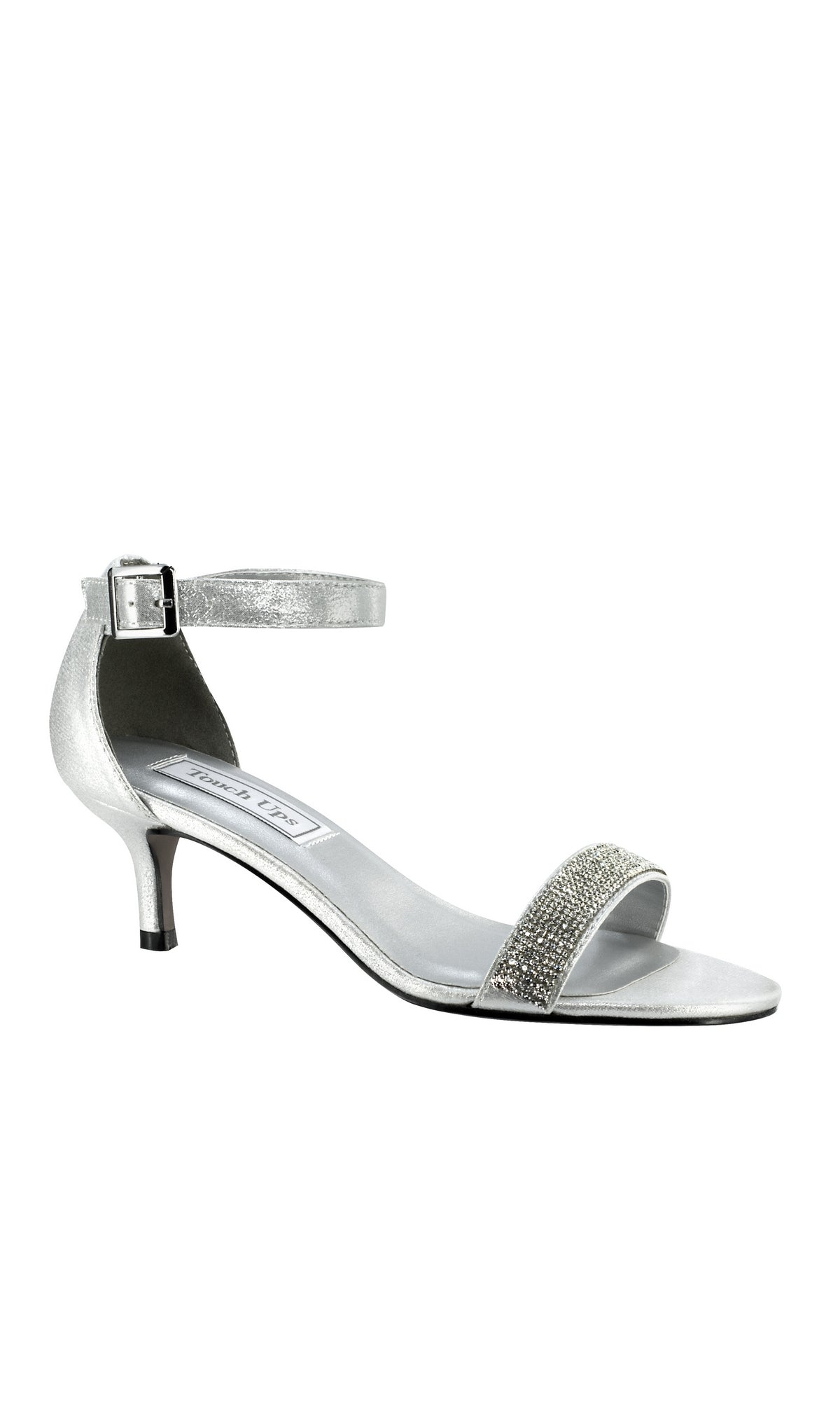 Low Silver Heels for Prom by Touch Ups 4334: Open-toe silver sandals with a low kitten heel, ankle strap with buckle, and rhinestone-embellished front strap—ideal for prom or special occasions.