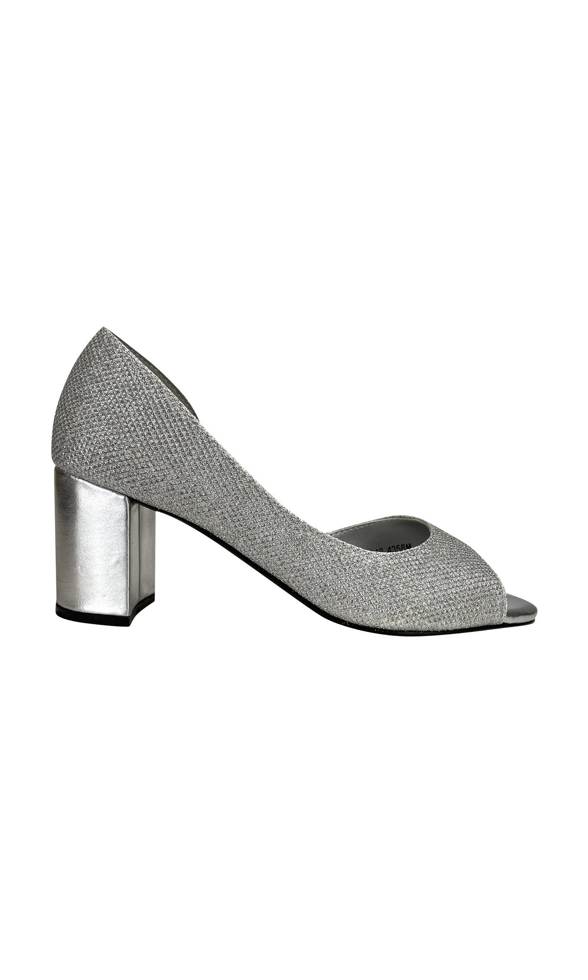 The Joy Peep-Toe Silver Pump 4358 by Touch Ups features a textured fabric upper and a chic metallic blocked heel, shown in profile against a white background.