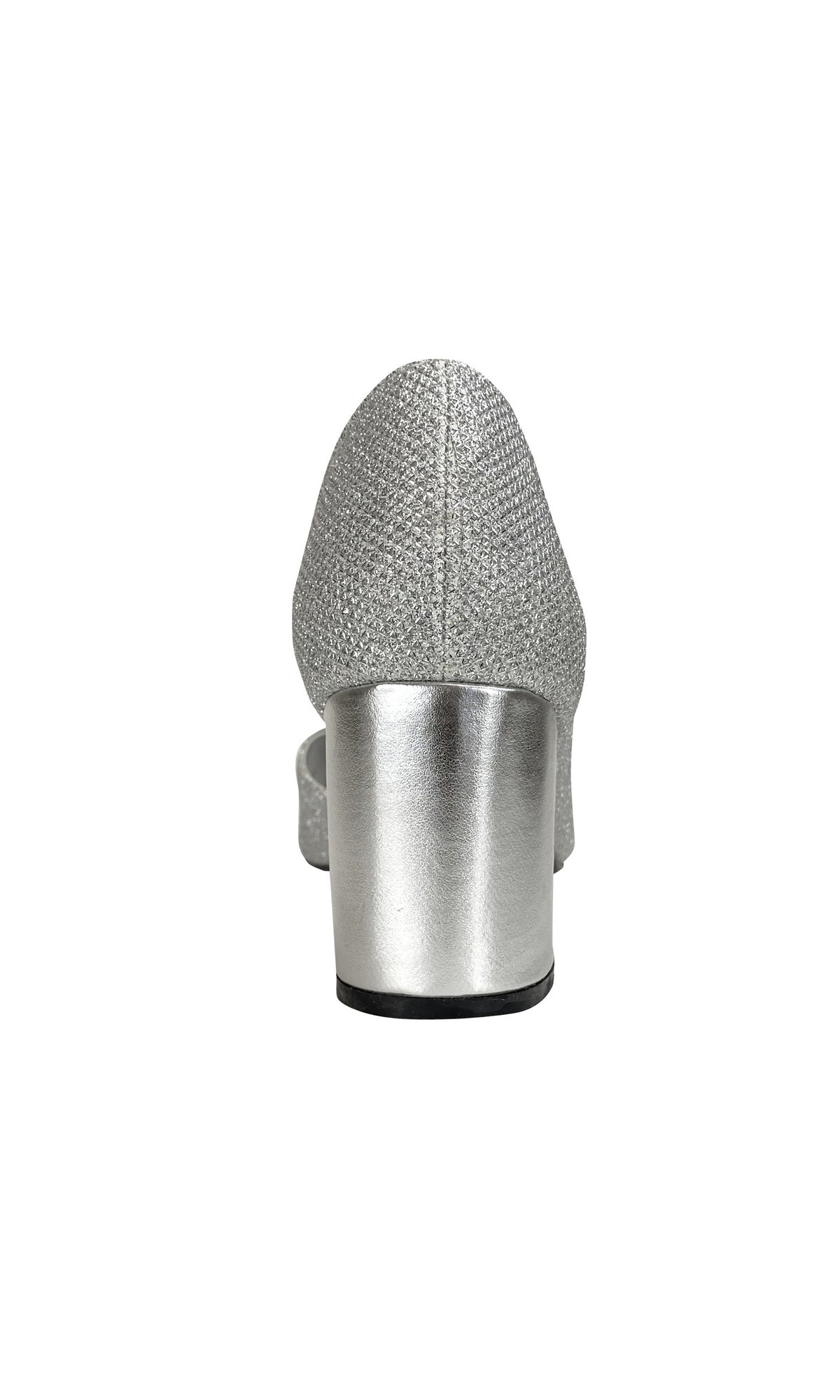 The Joy Peep-Toe Silver Pump 4358 features a metallic block heel and peep-toe design, pictured from the rear against a white background.