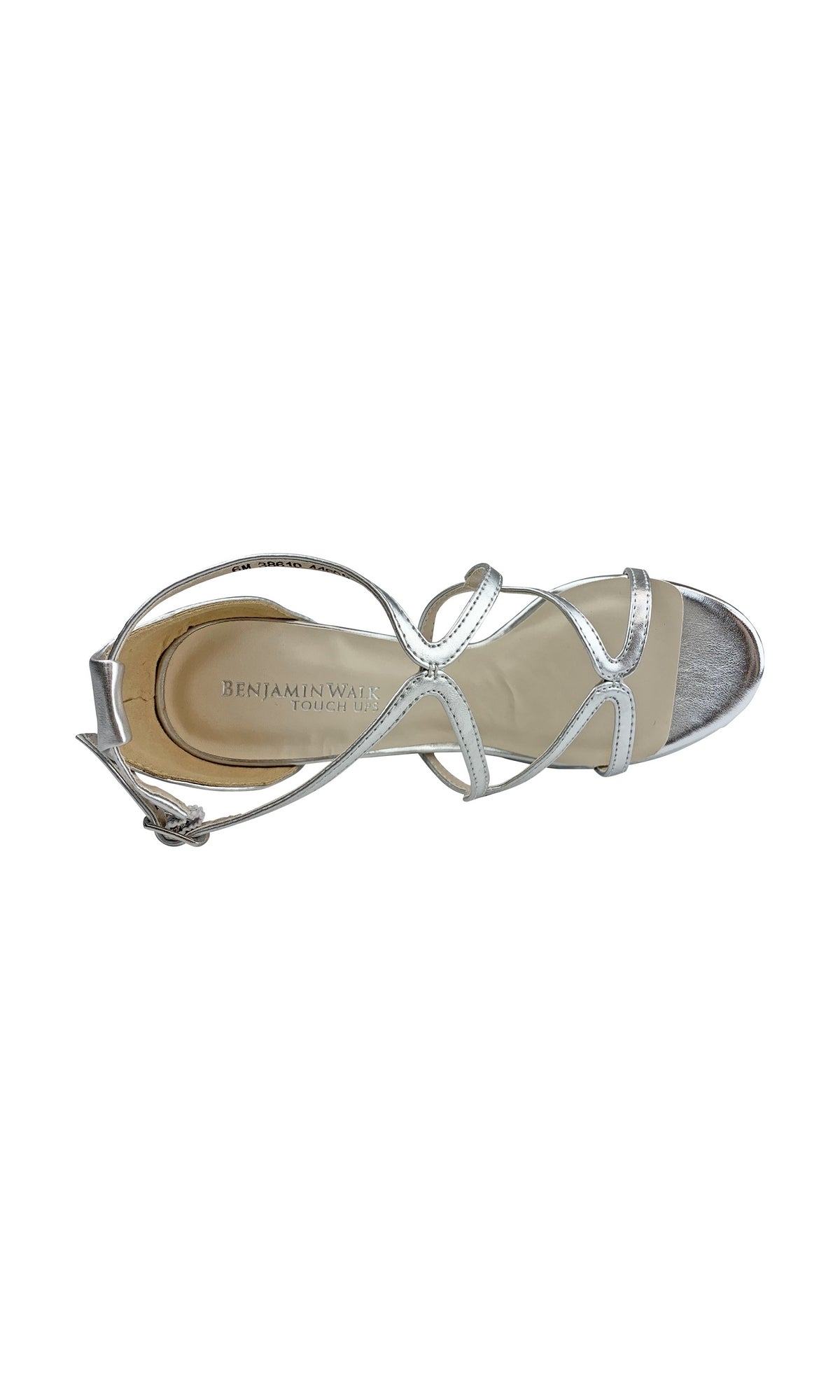 The Silver Lennox Platform Sandal by Touch Ups 4460 features crisscross straps, a buckle closure, and a 4-inch heel. Viewed from above, it has an elegant open-toe design perfect for elevating any outfit.