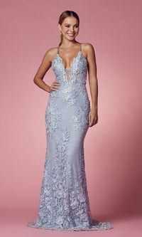 Narianna-Long Lace Prom Dress with Removable Tulle Skirt