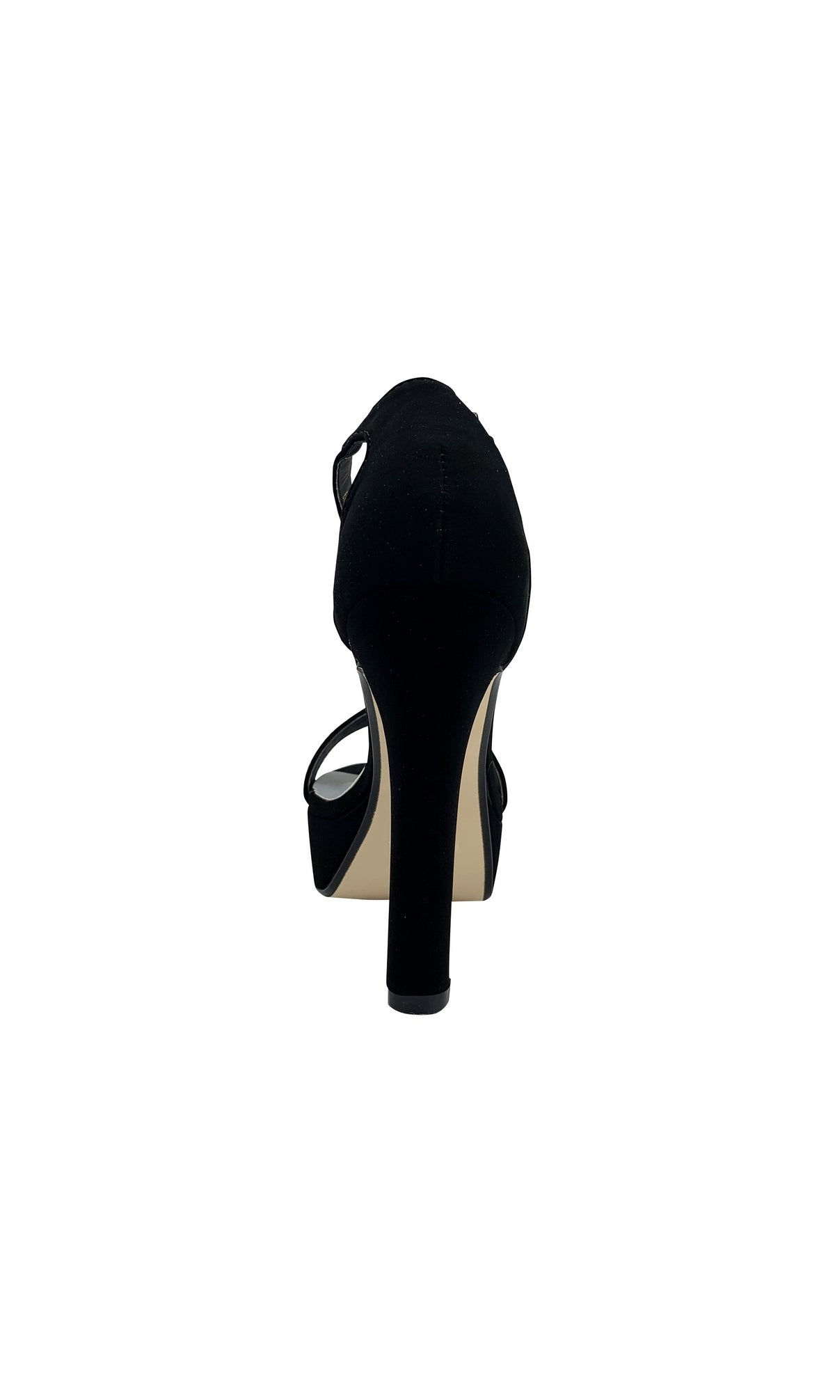Rear view of the Black Imitation Suede Mary Sandal with a High Heel 4367, featuring an open back, ankle strap, and platform sole, photographed on a plain white background.