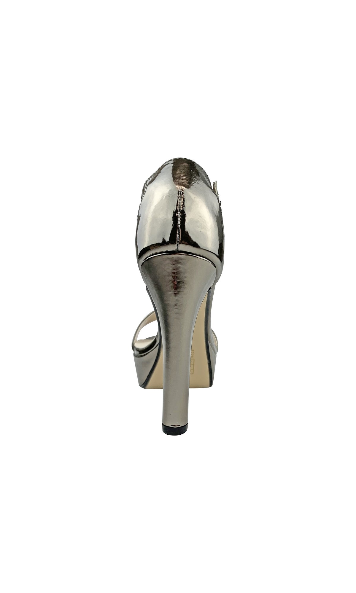 Rear view of the High-Heeled Pewter Silver Mary Sandal 4434, featuring an open toe and closed back, displayed against a plain white background.