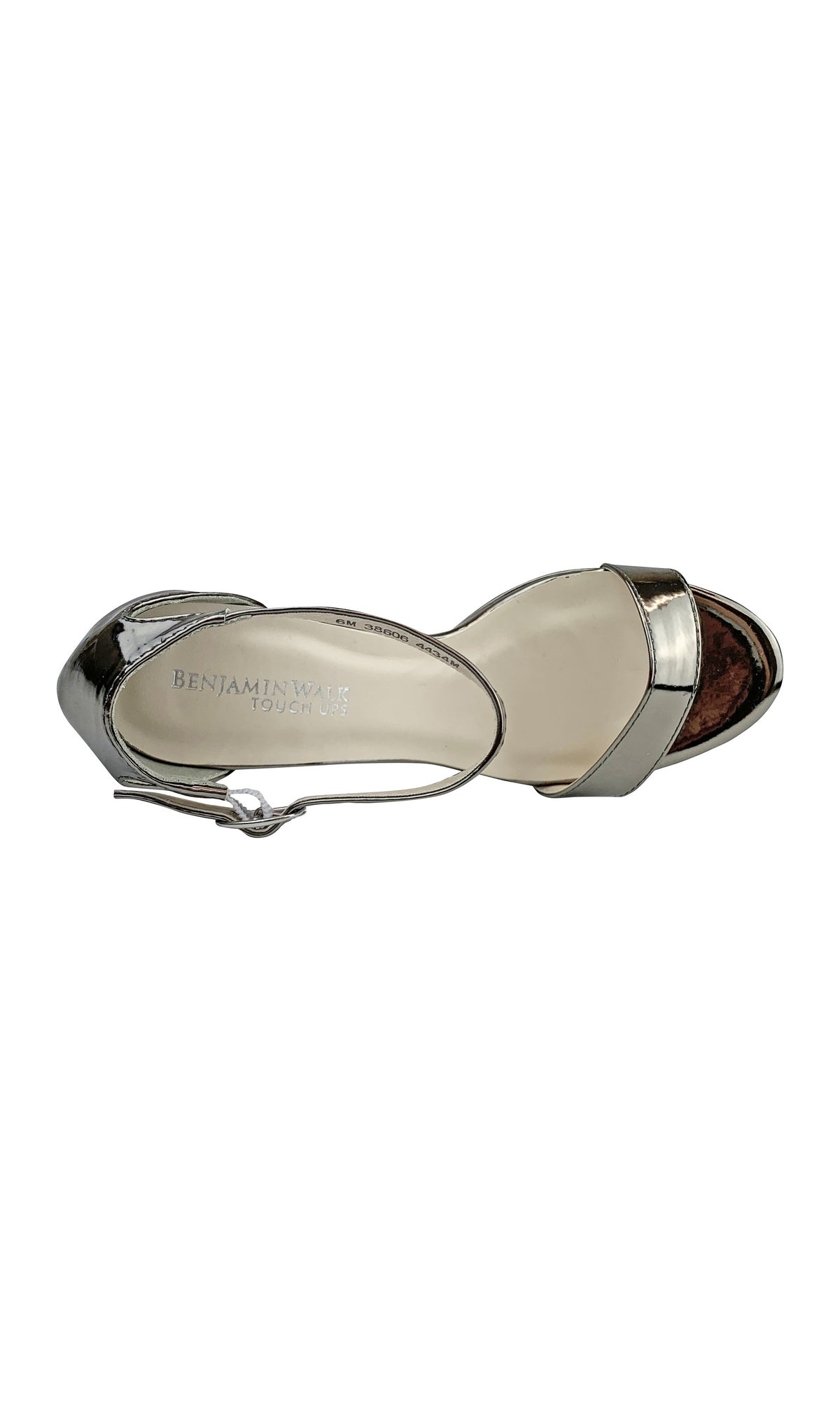 The High-Heeled Pewter Silver Mary Sandal 4434 is a metallic platform sandal with an open toe, ankle strap, and low heel. Seen from above, the insole reads