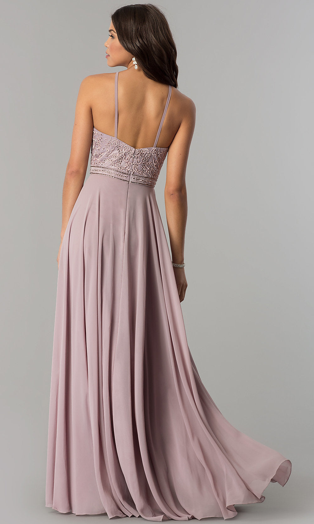 Dancing Queen-Embroidered-Bodice High-Neck Long Chiffon Prom Dress