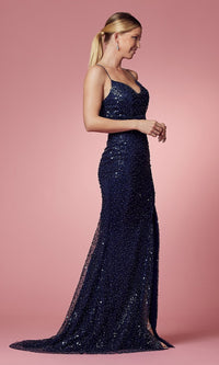 Narianna-Navy Blue Long Sequin Prom Dress with Lace-Up Back