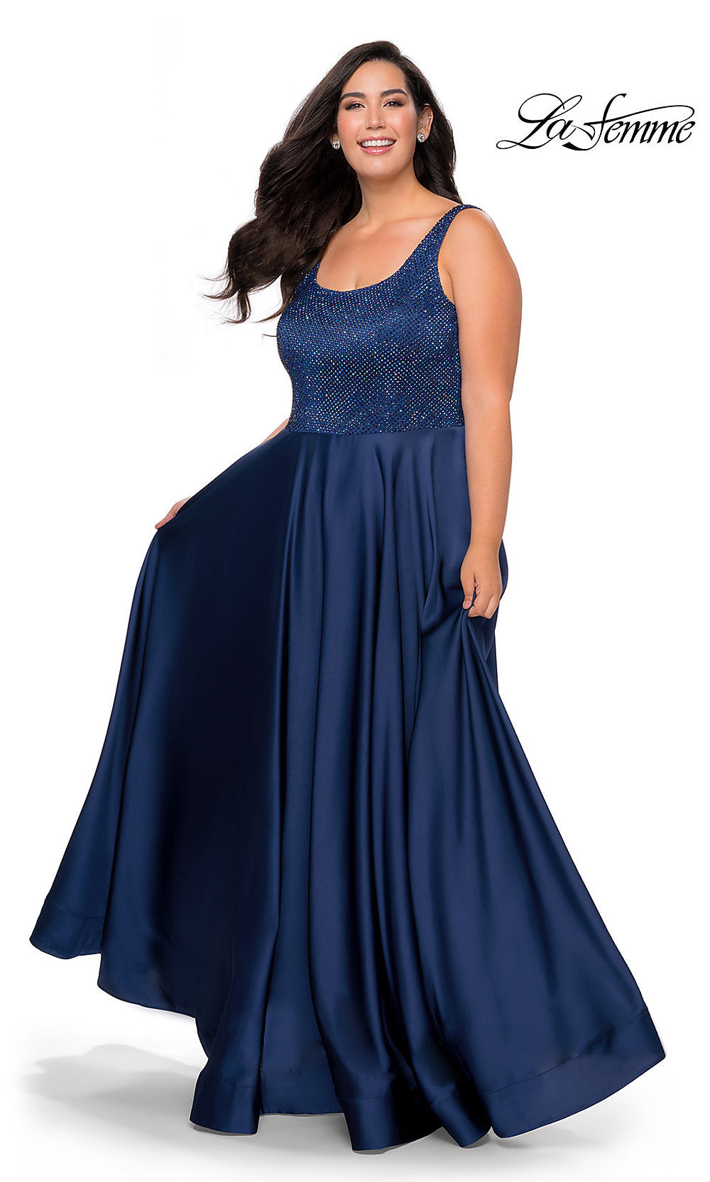 La Femme-La Femme Beaded-Bodice Long A-Line Plus Prom Dress