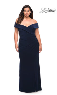La Femme-Long Off-Shoulder Navy Blue Plus-Size Prom Dress