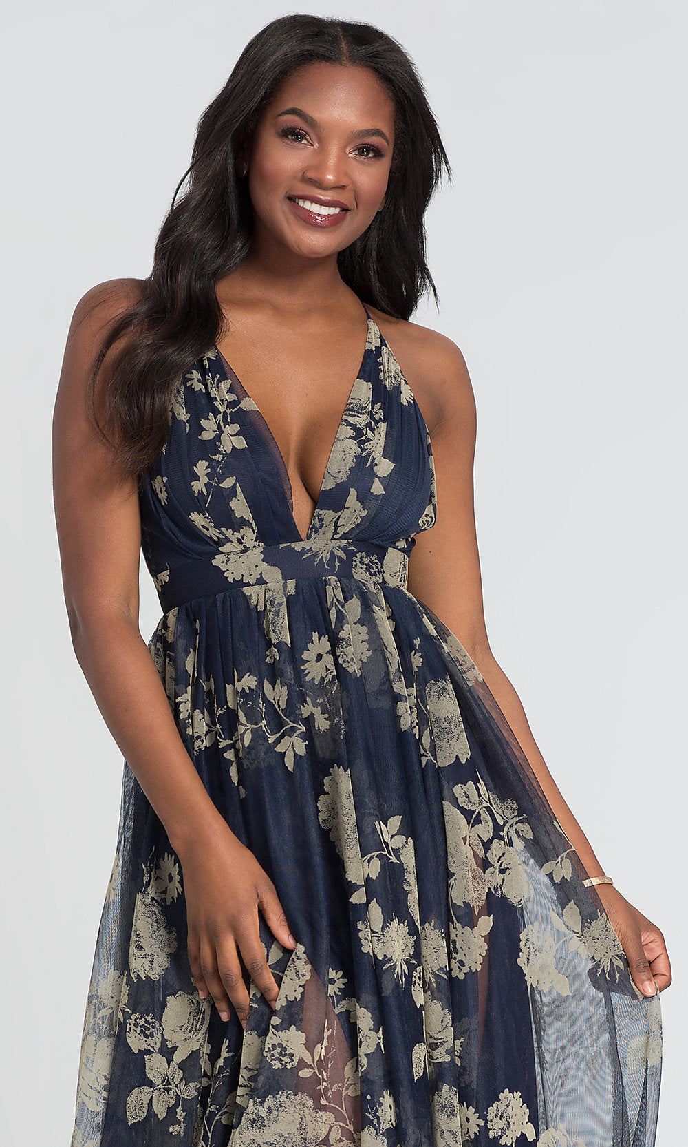 Floral-Print V-Neck Long Prom Dress with Empire Waist