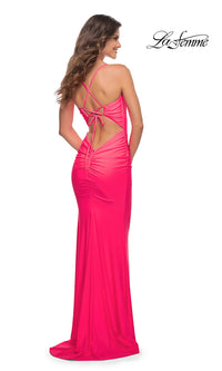 La Femme Corset-Back Long Prom Dress in Neon Pink