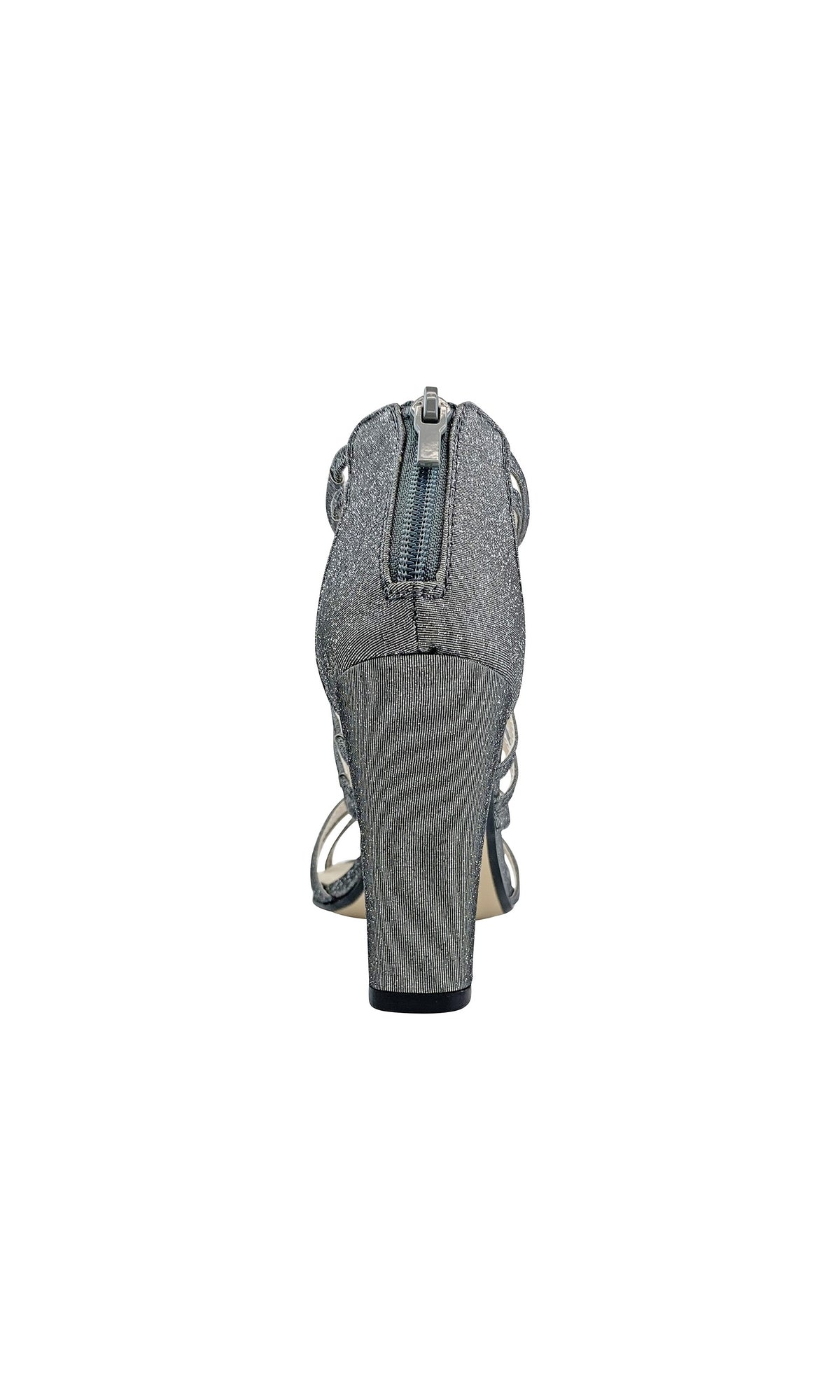 Rear view of the Rhyan Pewter Silver Sandal with a high block heel 4426, featuring a back zipper and pewter silver finish, displayed on a plain white background.