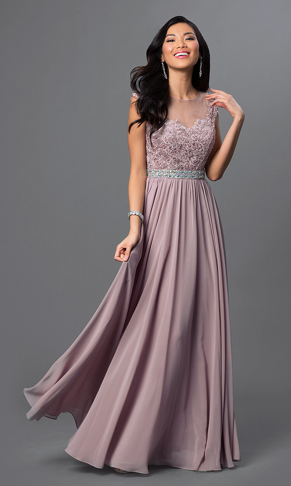 Dancing Queen-Embroidered Sheer-Bodice Formal Long Prom Dress