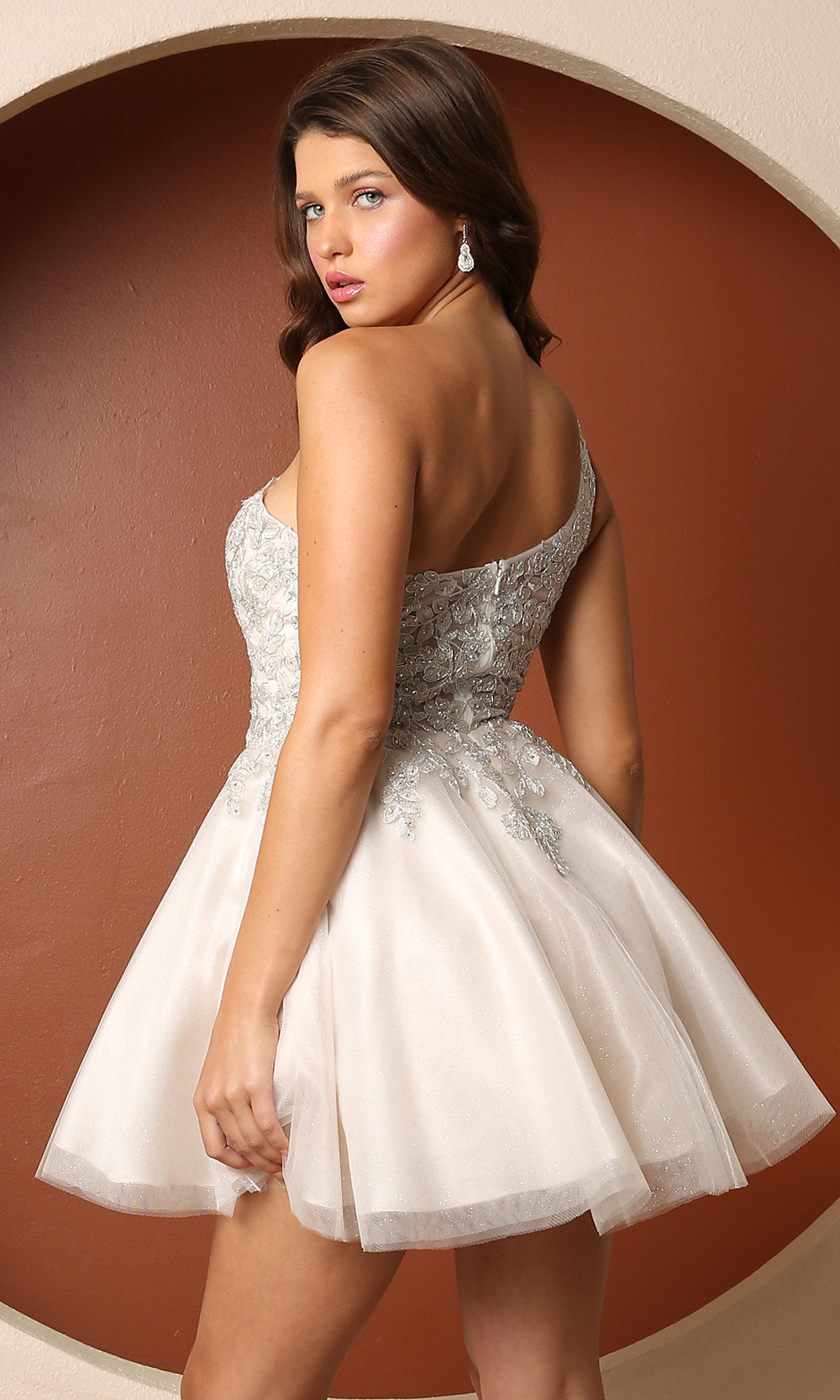Narianna-Short White Beaded One-Shoulder Homecoming Dress