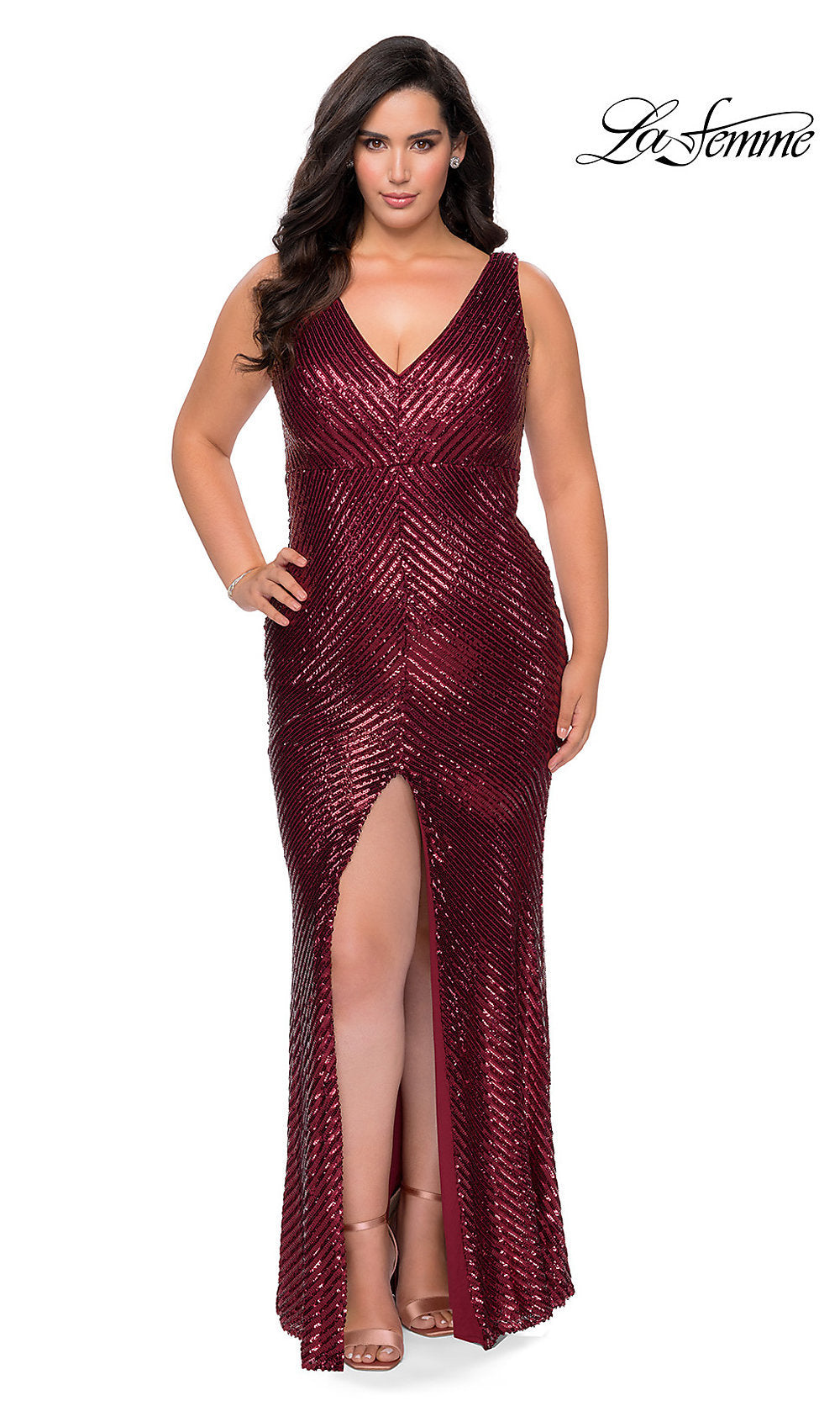 La Femme-Empire-Waist Long Plus-Size Sequin Prom Dress