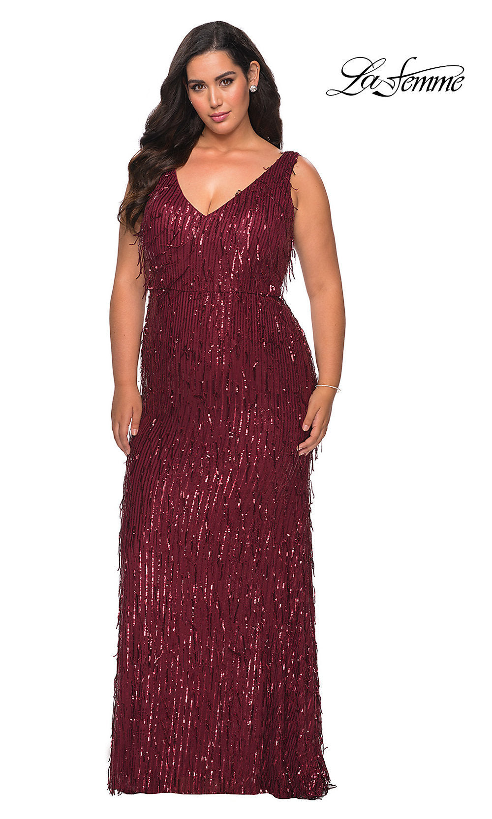 La Femme-Long Sequin Fringe La Femme Plus-Size Prom Dress