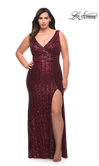 La Femme-La Femme Striped Sequin Plus-Size Long Prom Dress