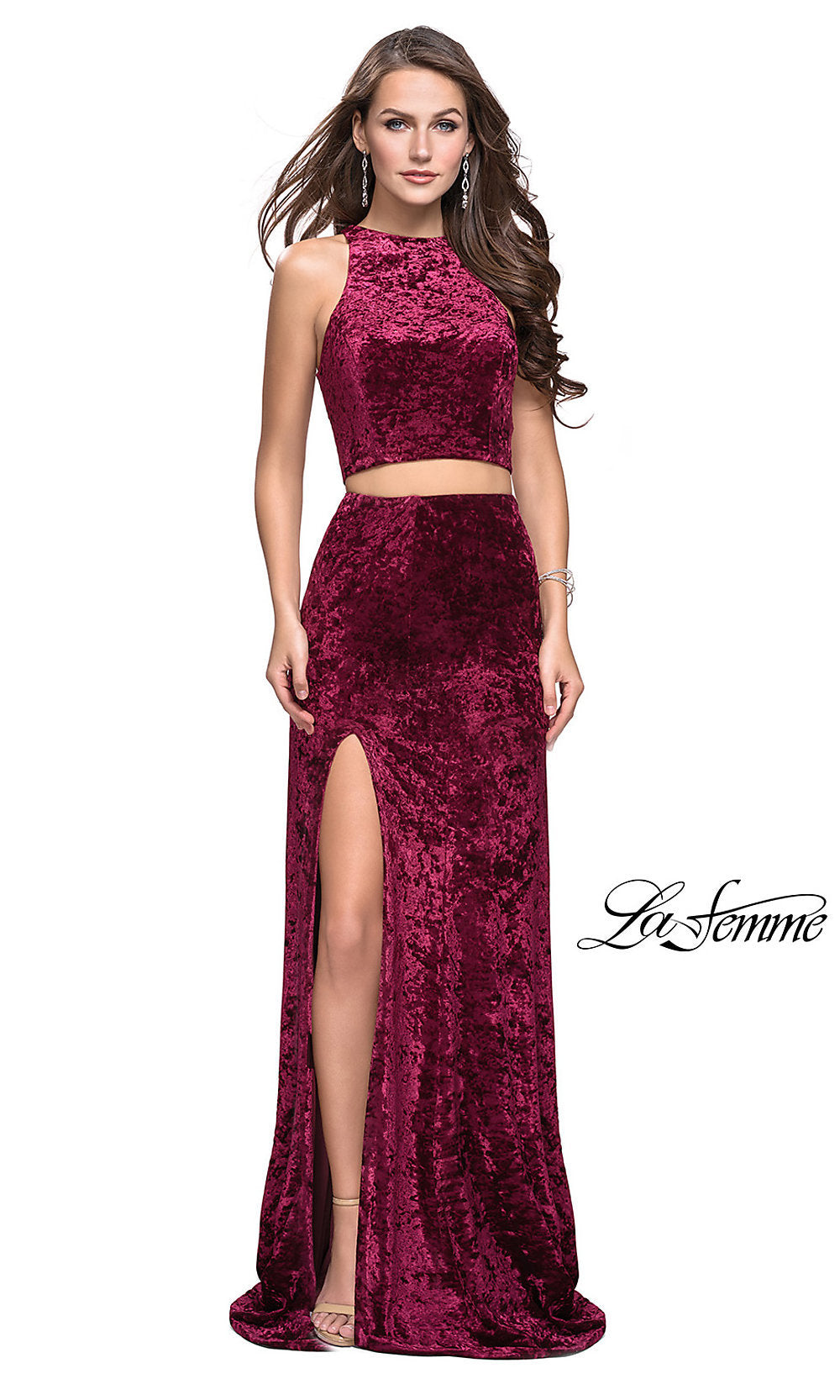 La Femme-Long Two-Piece Velvet La Femme Prom Dress