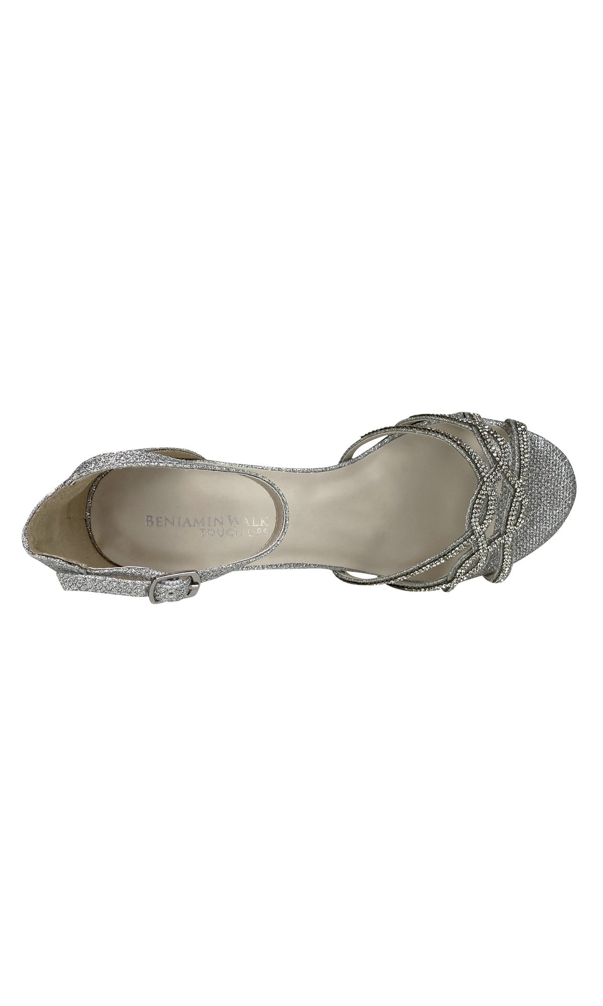 Top view of Zoey Open-Toe Silver Prom Shoes by Touch Ups 4382—silver dress sandal with glitter, ankle strap, woven toe design, and low block heels. An elegant choice for prom.