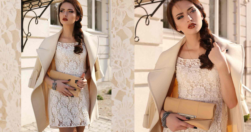 Two images of a girl in her semi-formal lace dress with a clutch and matching jacket draped over her shoulders.