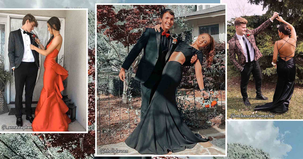 Collage of teens in prom dresses that coordinate with their dates' suits and tuxes.