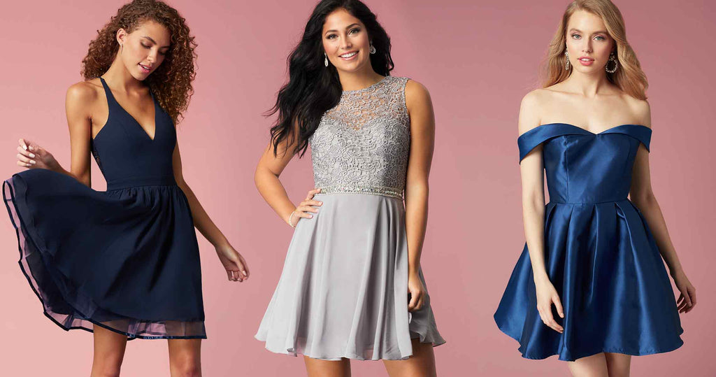 Three teens wearing different sweet 16 party dress styles.