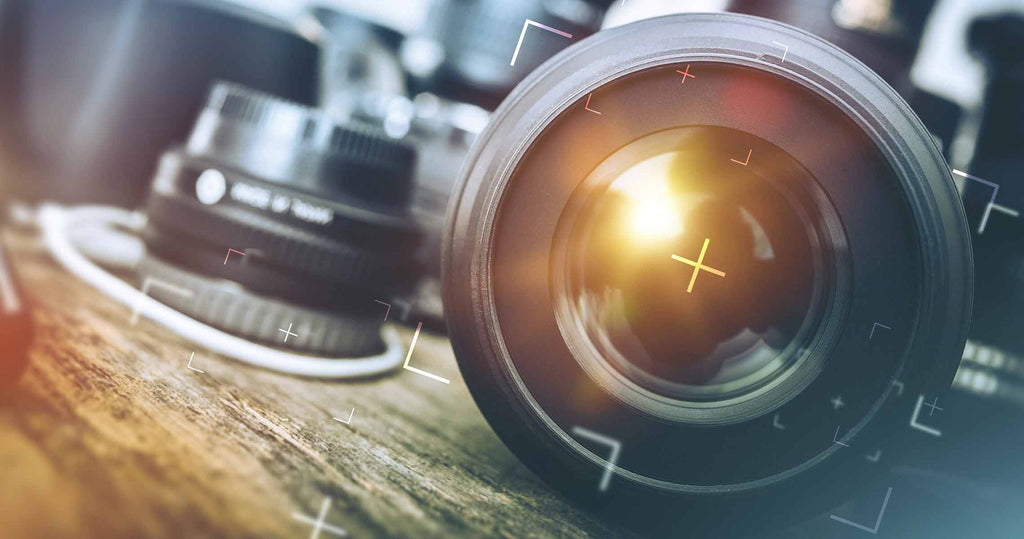 Close up image of a professional camera lens.