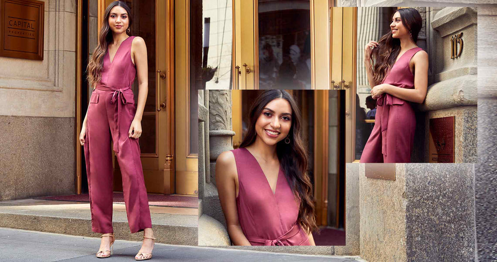 Different photo angles of a girl in a purple jumpsuit for homecoming.