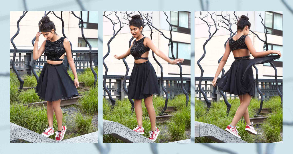 Three images of the same teen girl wearing a two-piece sweet 16 party dress and sneakers.