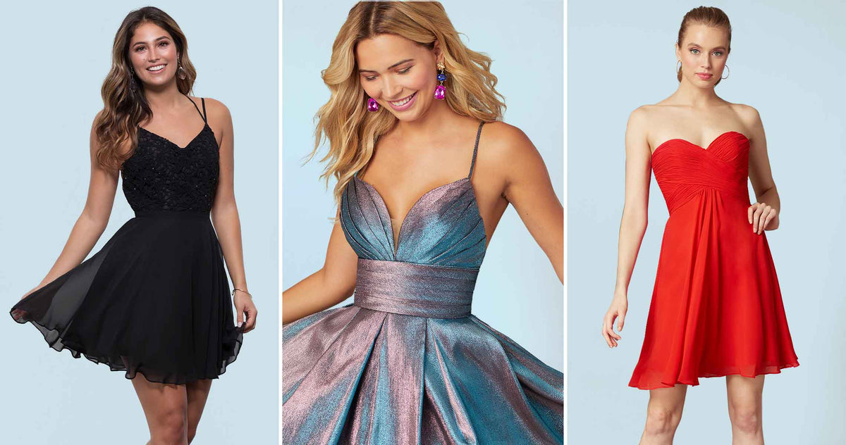 Three images of girls wearing different sweet 16 party dresses.