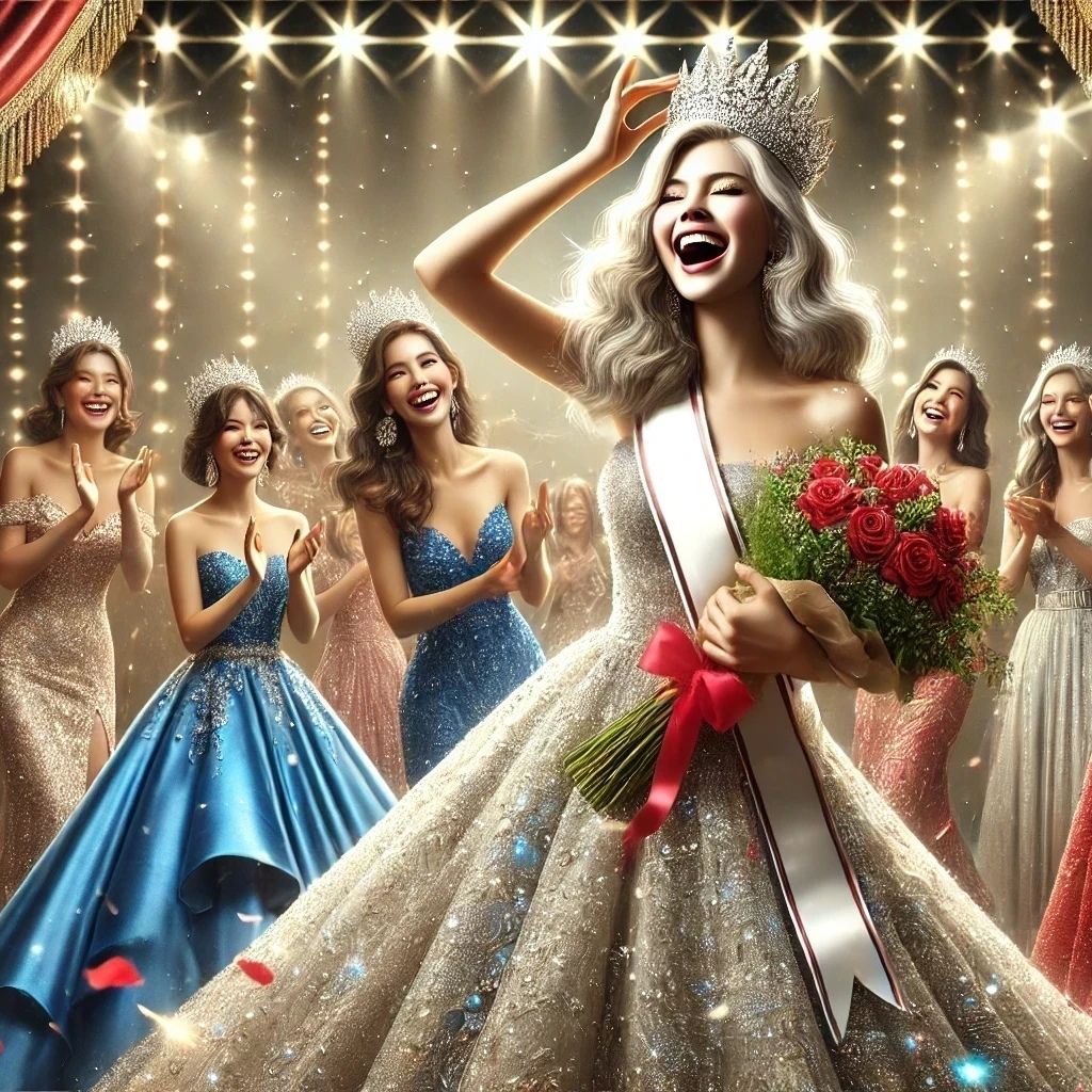Wearing a crown, sash, and gold pageant dress, the winning contestant is surrounded by applauding women in pageant gowns.