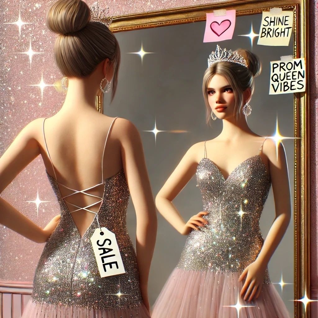 Looking into a mirror, a teen girl wears a tiara and a backless sequin-bodice prom dress with a sale tag on the back.