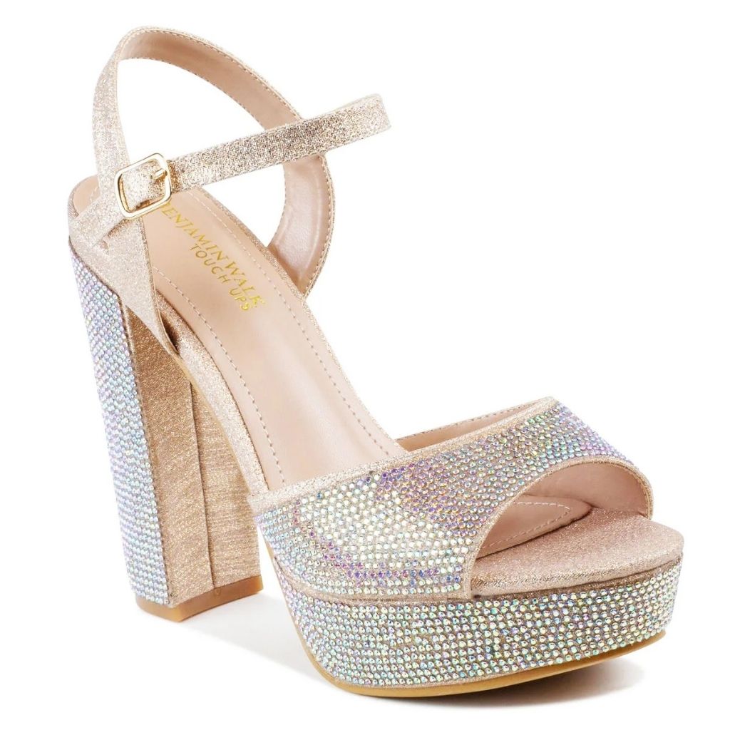 Close up of a beaded open-toe champagne formal prom shoe with a 4-inch high block heel and buckle straps.