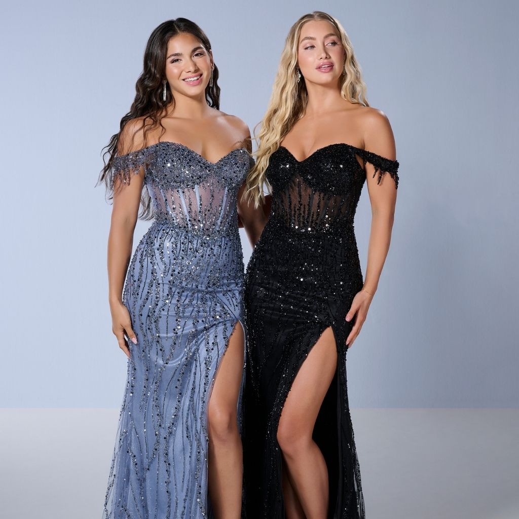 In the same off-the-shoulder sheer corset sequin prom dress by Tiffany Designs, one teen girl wears blue and the other black.