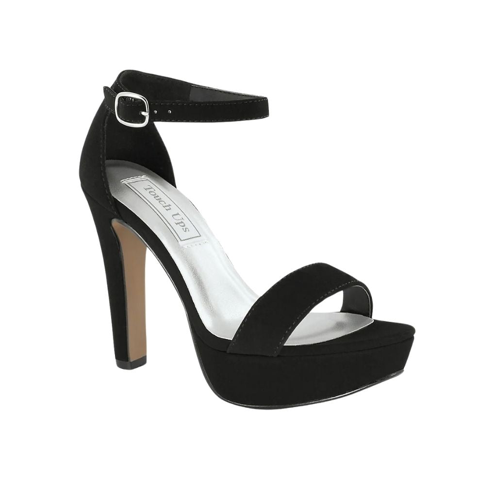 Close up of black high-heel open-toe formal prom shoes with an ankle buckle closure.