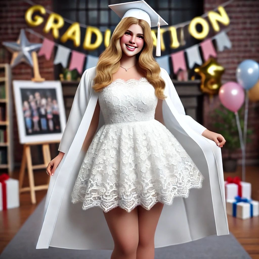 Wearing a graduation cap, a teen girl holds out her gown to show off her short plus-size white lace graduation dress.