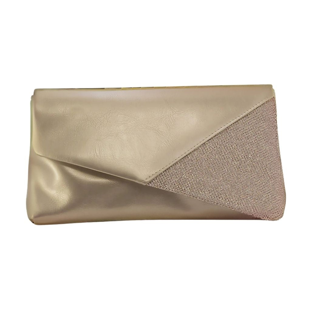 Close up of a metallic gold satin clutch with asymmetrical top edged by a triangular segment of glittering fabric.