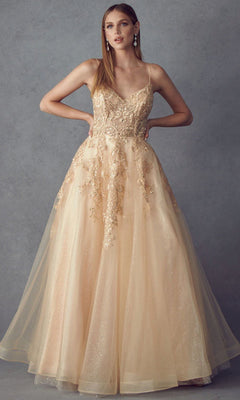 A woman models the Embroidered Glitter-Tulle Long Prom Ball Gown 251, a floor-length sleeveless dress with floral embroidery and a tulle skirt, standing against a plain gray background.