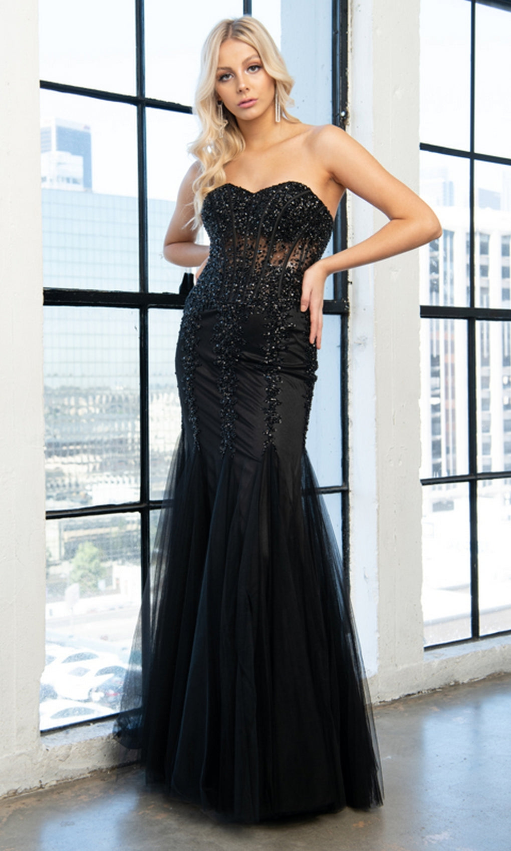Strapless Sheer-Corset Mermaid Prom Dress