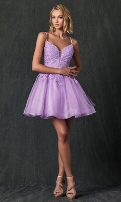 A woman models the Short Lace-Up Babydoll Homecoming Dress 859, featuring a sleeveless lavender design with a flared tulle skirt and floral details, standing against a dark textured background.