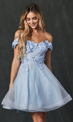 A smiling woman wearing the Floral Off-the-Shoulder Short Homecoming Dress 861, featuring 3-D flowers and a tulle skirt, stands against a dark textured background and looks down.