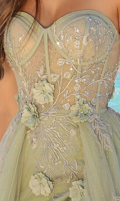 Close-up of the Strapless Sheer-Corset Long Tulle Prom Dress TM1002, featuring a sheer bodice, silver embroidery, floral appliqués, and light green tulle—an elegant choice for special occasions.