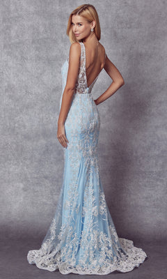 A woman poses in the Glitter-Lace Long Mermaid Formal Dress 277, featuring light blue fabric, white lace details, and a low-back design against a gray textured backdrop.
