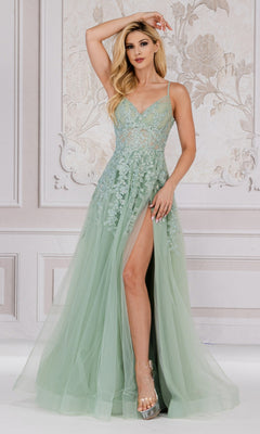 A woman poses indoors against a decorative panel wall in the Floral-Embroidered Long A-Line Prom Dress TM1006, a mint green, floor-length gown featuring floral lace details, thin straps, a high leg slit, and elegant embroidery.
